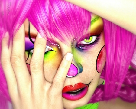 Dee Vious - yellow, girl, pink, fantasy, dee vious, clown, hand, green, woman, face, luminos, feel-ine