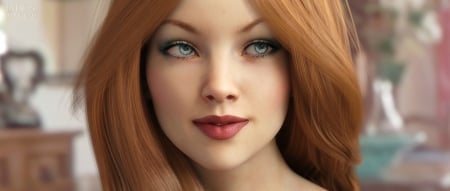 Darla - beauty, woman, rendering, redhead, girl, lips, blue eye, frumusete, fantasy, face, darla, game, luminos, red, laticis