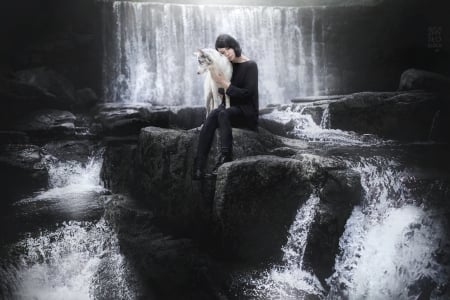 My best friend - summer, girl, dog, friend, ciri, black, white, animal, waterfall, australian shepherd, austrlian shepherd, caine, vara