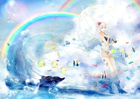 Rainbow - cloud, summer, ayakami, anime, girl, blue, manga, white, sky, rainbow, fish, vara