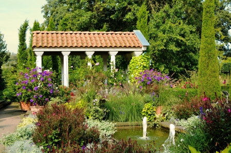 Italian Garden - pillars, flowers, fountains, pond, plants