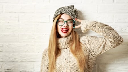 Girl - face, red, funny, happy, beauty, model, blonde, girl, mood, silly, hat, lips, hand, woman