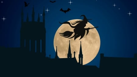 Happy Halloween! - moon, bat, blue, silhouette, night, witch, black, halloween, luna