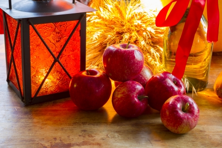 Beauty of Autumn - apples, bottle, sunflower, autumn, table, oil, lantern