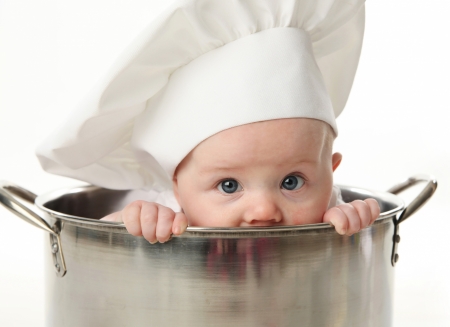 Peek a boo! - hat, chef, child, copil, funny, white, baby, boy, pot, cute