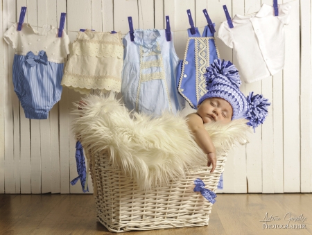 Sleeping baby - blue, copil, baby, child, boy, basket, fur, white, cute