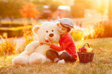 Eat your apple, Teddy! - hat, picnic, copil, orange, child, boy, white, autumn, red, fruit, teddy bear, apple