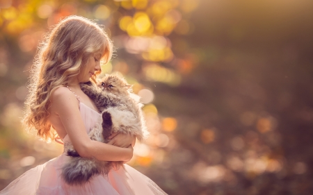 Spoiled kitty - princess, fun, people, hair, kiten, sunset, white, face, little, child, beautiful, pink, animal, sweet, dress, nice, beauty, bokeh, autumn, photography, standing, pretty, baby, green, cute, love, kid, cat, girl, copil, pisica, lovely, smile, blonde