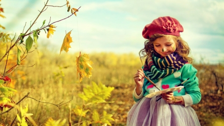 Little painter - autumn, girl, hat, child, copil, yellow, red, green, painter, little