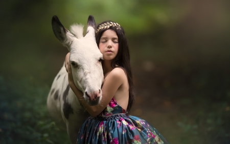 Little animal lover - princess, girl, child, copil, donkey, white, animal, green, little