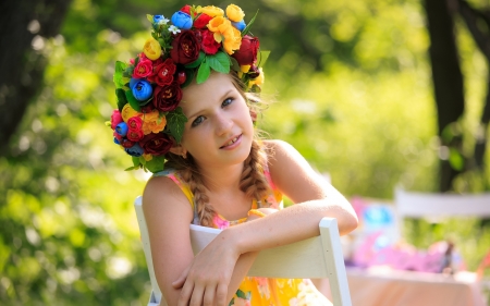 Little beauty - girl, vara, wreath, summer, child, copil, yellow, blue, red, flower