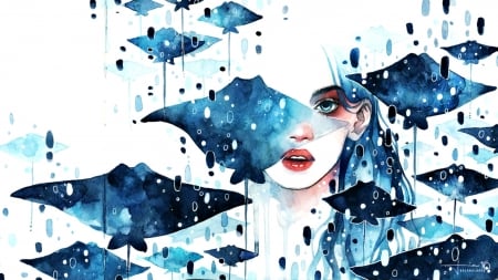 With the rest - face, white, kelogsloops, fantasy, fish, girl, blue, art