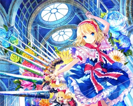 Alice Margatroid - girl, pink, blue, anime, fuji chocko, alice margatroid, flower, manga