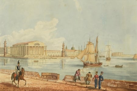 St. Petersburg - la bourse, people, painting, russian school, art, ship, horse, man, blue, 19th century, st petersburg, orange, pictura, sea