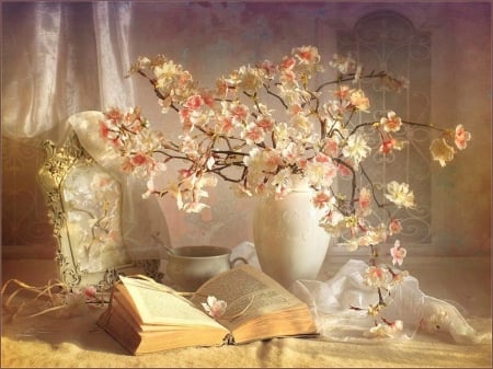 Elegant - flowers, vase, book, pretty