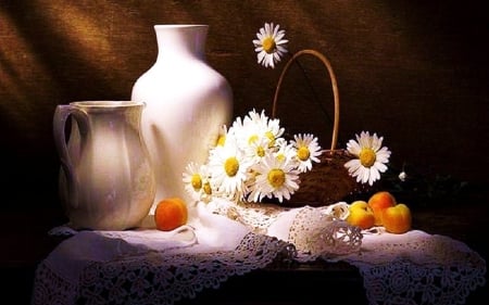 DAISIES AND FRUIT - flowers, vases, colors, fruit