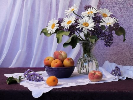 DAISIES AND FRUIT - flowers, vase, colors, fruit