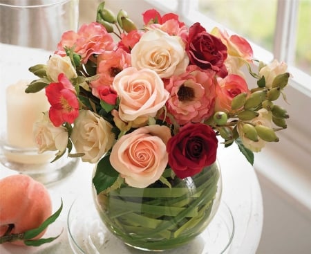 ROSES - candle, vase, petals, fruit