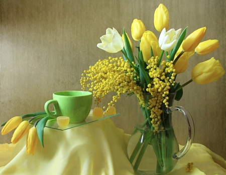 TULIPS - STILL LIFE, VASE, CUP, FLOWERS