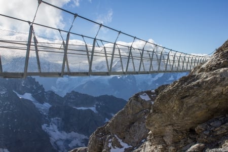 Suspension Bridge - mountains, suspension bridge, landscape, bridge, switzerland, country, sky, architecture, nature, snow