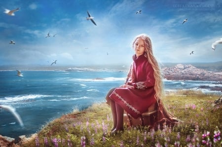 The Girl with the Seagulls - art, seagulls, cute, girl