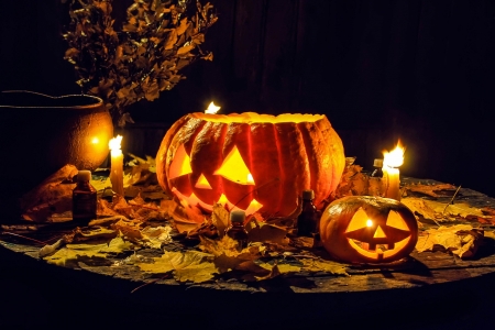 Pumpkins and Potions - vase, Autumn, Fall, table, Halloween, leaves, Jack O Lanterns, bowl, potions, candles, bottles