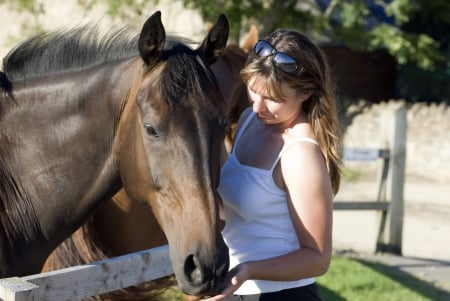 Caring Cowgirl.. - women, fun, female, feeding, models, brunettes, western, fence, horse, girls, cowgirl, style, outdoors, ranch