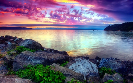 Beautiful purple sunset - colorful, sunset, purple, beautiful, sea, reflection, rocks