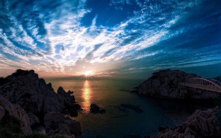 Sunset - water, sky, sunset, rocks