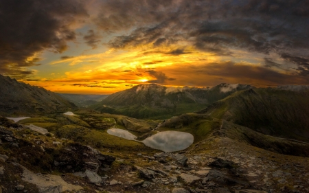 Mountains Sunset - sunset, mountains, lakes, rocks