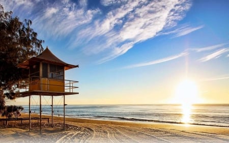 Beach - life gaurd, sky, ocean, beach, sunset, tower, clouds, architecture, sand, sea