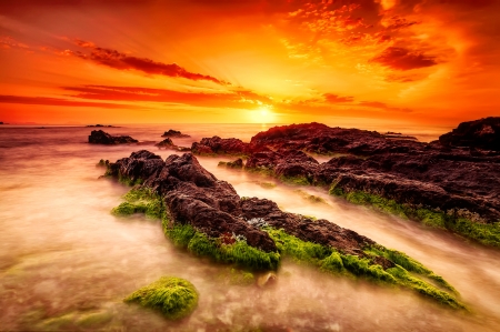 Fiery sea sunset - water, beautiful, sea, ocean, glow, sunset, fiery, sky, rocks