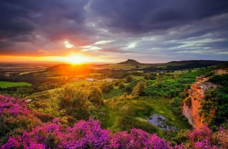 Sunset view - view, sky, landscape, fiery, clouds, sunset, wildflowers