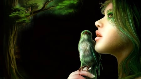 Birdsong - fantasy, greenbird, tree, woman