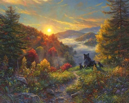 New Day of Autumn - attractions in dreams, paintings, cubs, colors, fall season, bears, forests, nature, autumn, mountains, love four seasons, animals