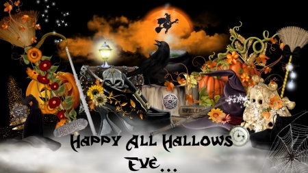 Happy All Hallows Eve - spider, pumpkins, halloween, crow, moon, broomstick, witches, web, hat