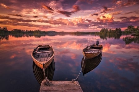 Lake Sunset - nature, lake, sunset, boat