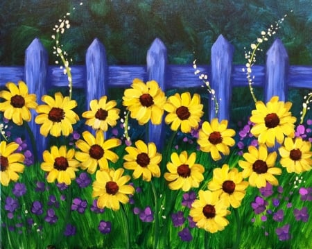 Flowers - sunflower, nature, fence, art