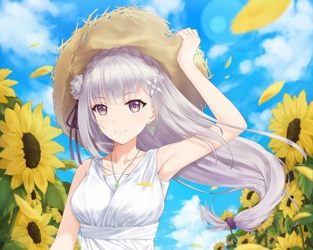 Emilia ~ - nice, sunflower, beauty, sky, emilia, female, sundress, anime girl, white, pretty, cloud, yellow, ue, petals, anime, cute, girl, long hair, lovely, kawaii, blue, beautiful, blossom, sweet, dress, flower