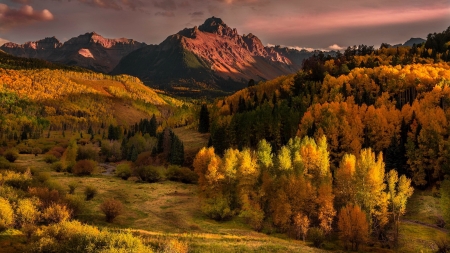 Autumn in mountains - autumn, trees, hills, landscape, mountain, colorful, view, fall, forest, beautiful