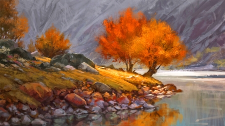 Sitting by the River - fall, river, trees, autumn, landscape