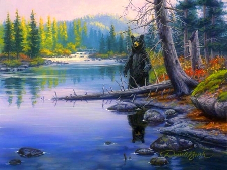 Too Close for Comfort - attractions in dreams, rivers, paintings, fall season, bear, forests, nature, autumn, love four seasons, animals