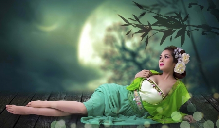 Asian Beauty - moon, people, flowers in hair, serene, girl, flowers, fantasy, green, digital, woman, art, asian