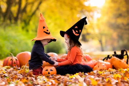 Happy Halloween! - hat, girl, children, pumpkin, copil, orange, boy, witch, autumn, halloween, leaf, couple