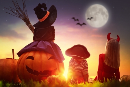 Happy Halloween! - moon, hat, pumpkin, girl, copil, black, witch, halloween, children, orange, bat, luna