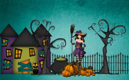 Halloween Witch - hat, house, trees, cauldron, pumpkins, broom, black cat, fence, cat, web, witch, spider web, halloween