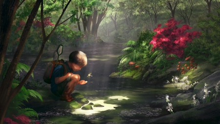 The dragonfly - stream, water, copil, child, fantasy, art, forest, dragonfly, luminos, red, river, boy, green