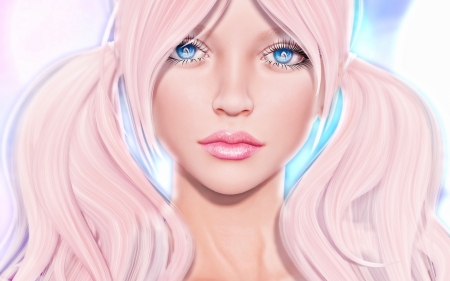 Girl - fantasy, blue, rendering, girl, face, pink, luminos