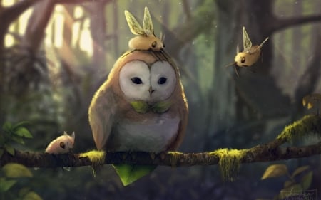 Friends - owl, fantasy, pasare, art, luminos