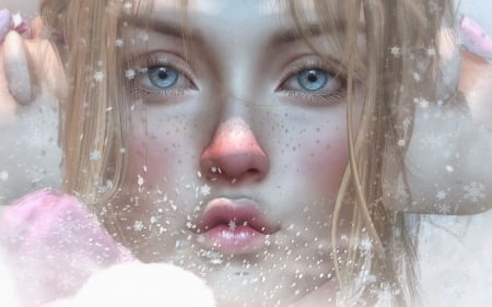 Winter face - face, rendering, winter, pink, snowflakes, blonde, girl, blue, fantasy, eye